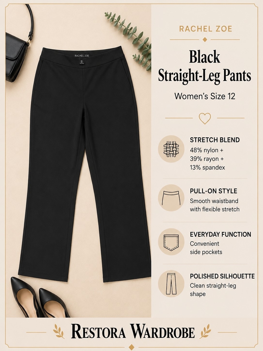 Rachel Zoe Black Straight Leg Pants Pull-On Stretch Workwear Size 12